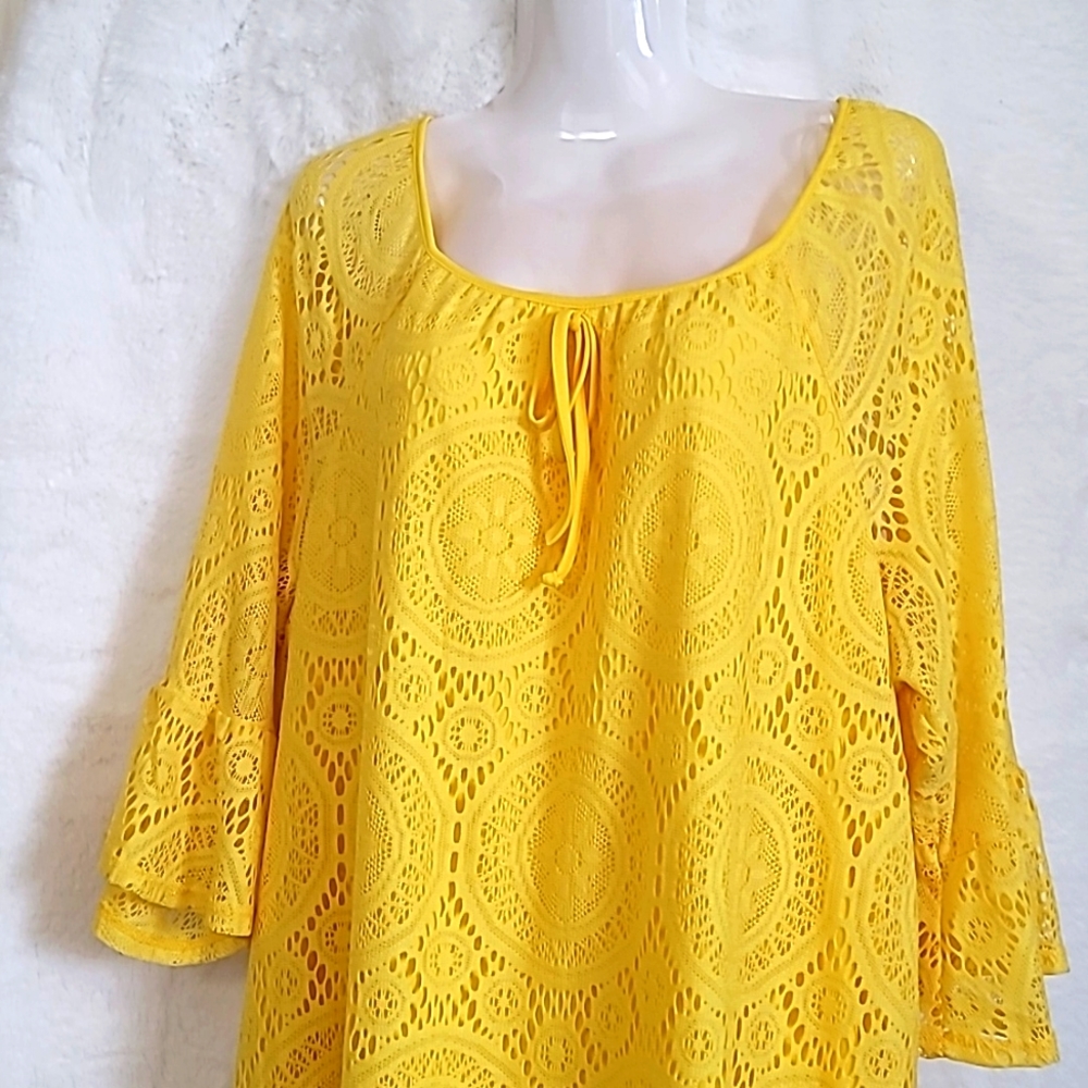 Tacera Dress 1X Bell Sleeve Yellow Crochet Dress